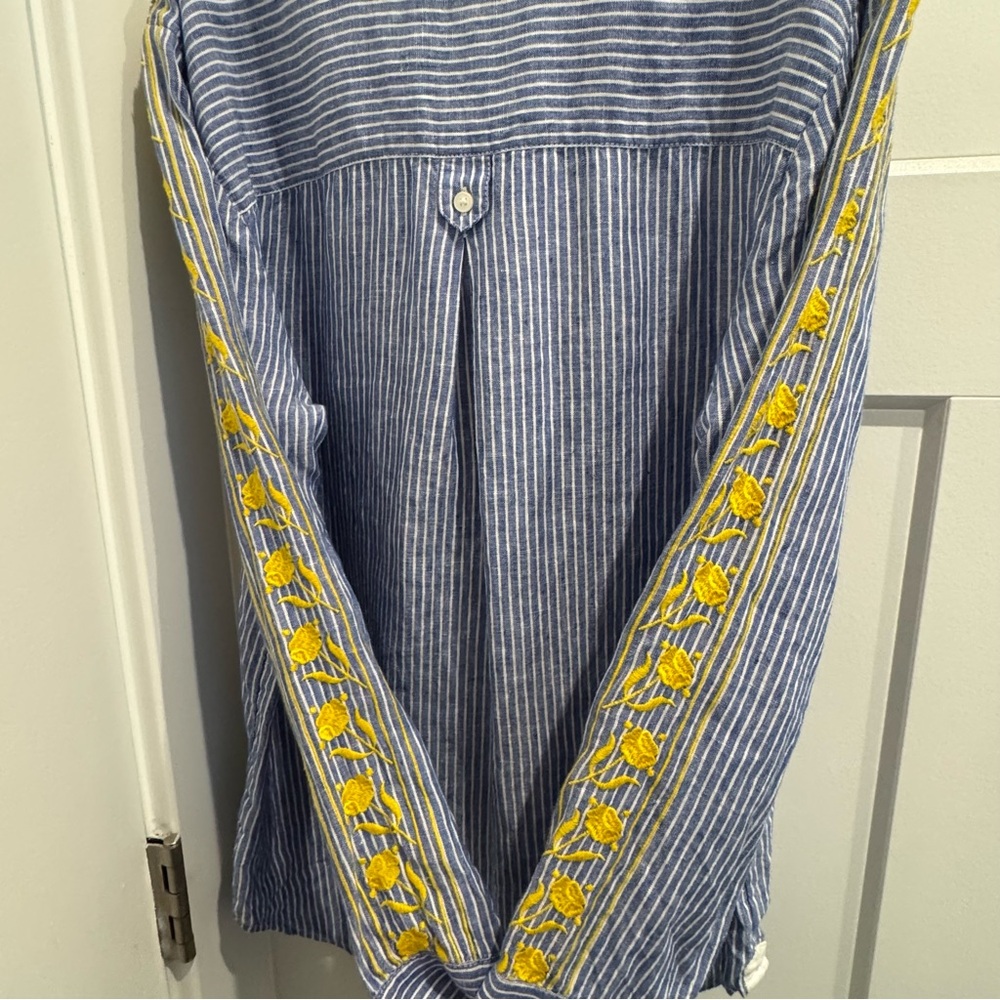J.Crew Embroidered Blue White Striped 100% Linen Tunic Kaftan Blouse Top Small - Picture 7 of 9